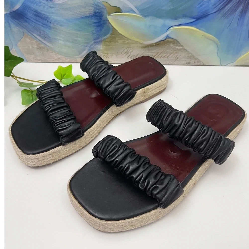 STAUD Maya Leather Ruched Double Strap Espadrille Platform Sandals Sz‎ 37 / US 7
